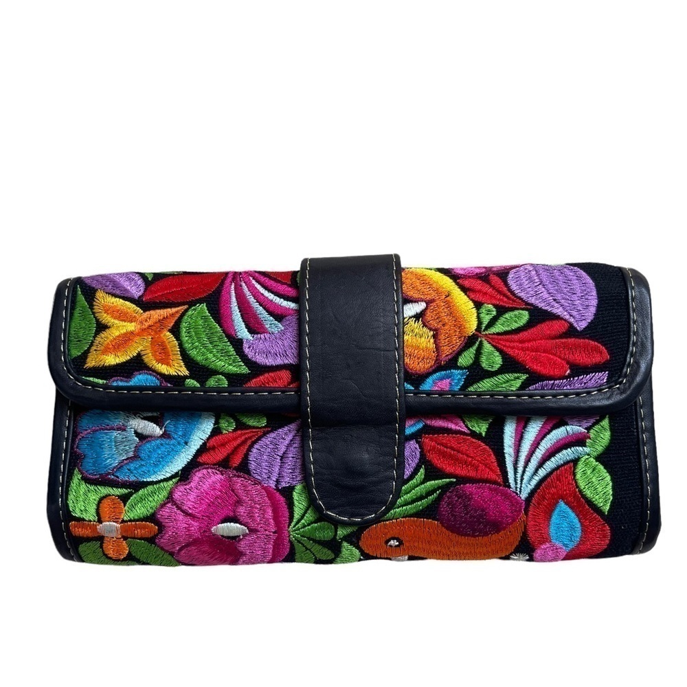 Handmade Handcrafted Wallet Boho Colorful Floral Bird Embroidered Black Leather
